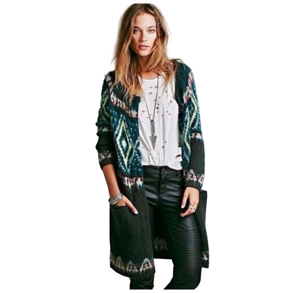 Free People Womens Fair Isle Longline Cardigan Sweater Green Gray Size XS